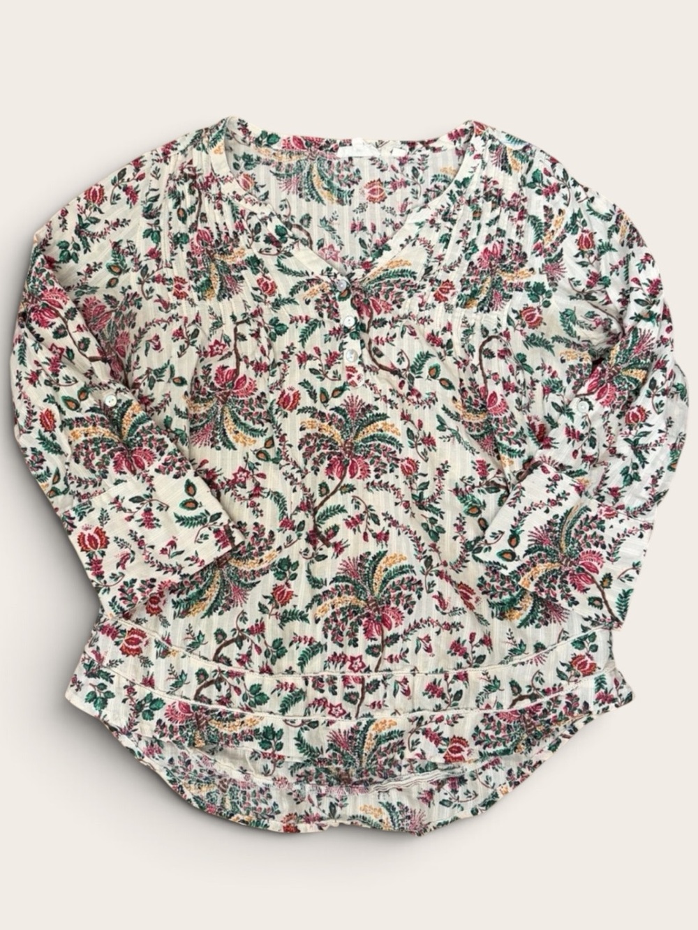 100% Cotton FatFace Womens Floral Blouse Pintuck Boho Cottagecore Long Sleeve